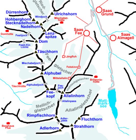 Map of the Peaks of the Mischabel Massif