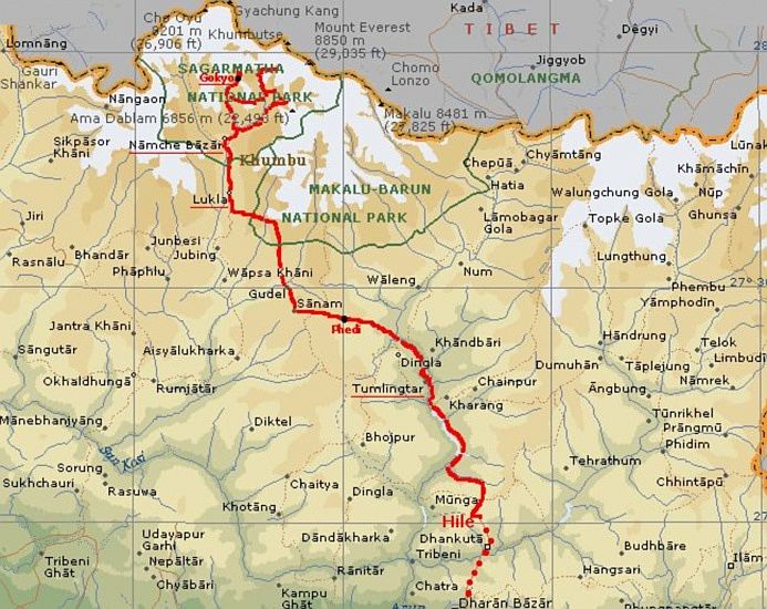 Map of route to the Arun Valley