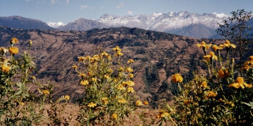 View of Himalayan Peaks from above Shivalaya