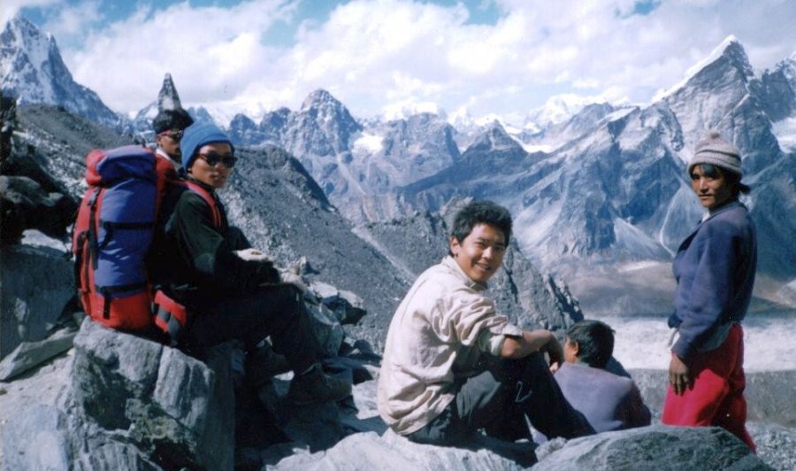 View to the West and Lobuje Peak from summit of Kongma La above the Khumbu Glacier