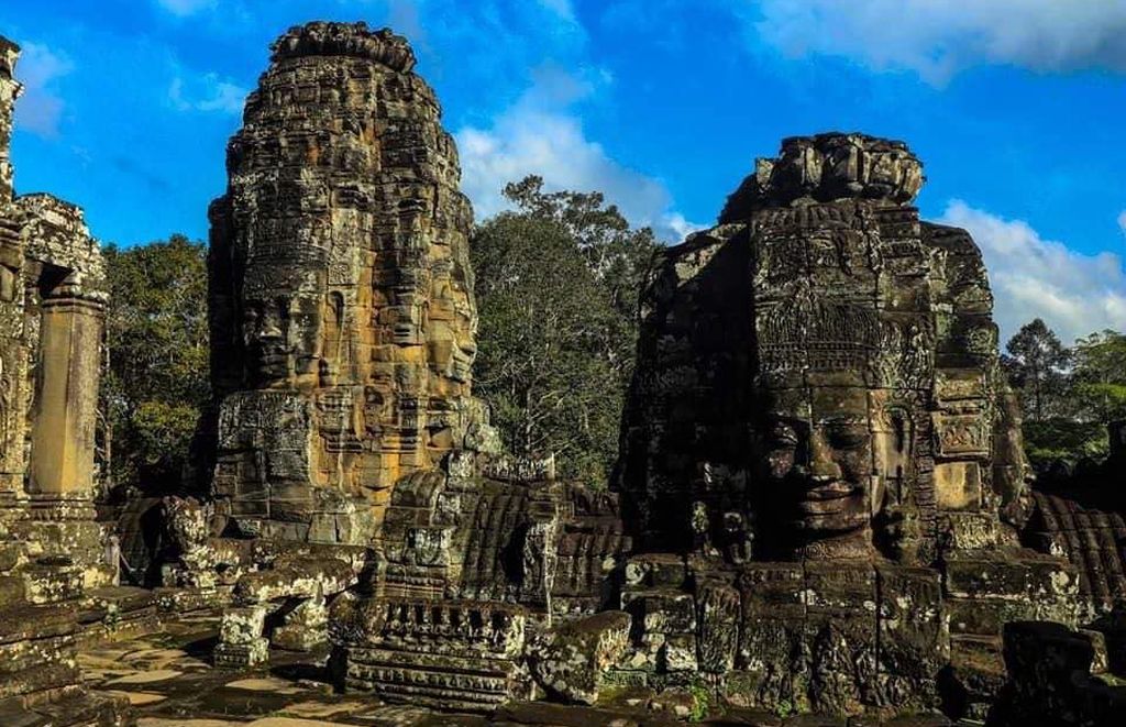 Sculptured Stone Heads in Bayon Temple in Angkor Thom in northern Cambodia