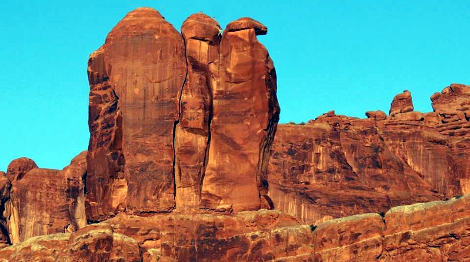 The Three Gossips in Courthouse Towers area of Arches National Park in winter