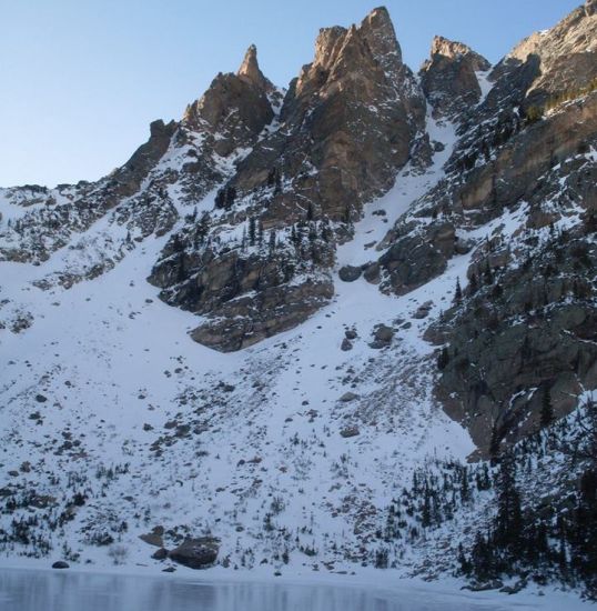 Peaks of Front Range above Dream Lake in Rocky Mountain National Park