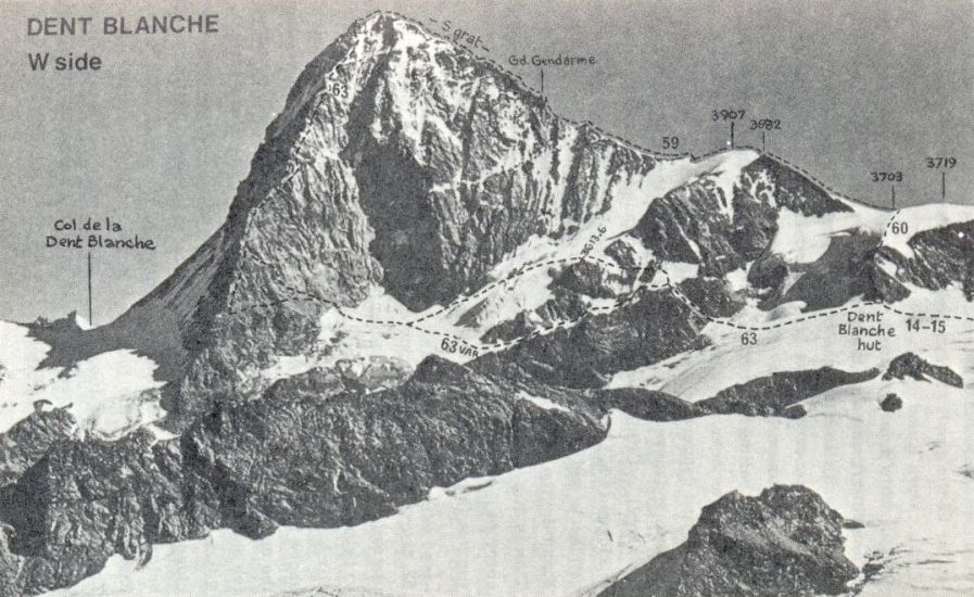 Ascent Routes on West Side of Dent Blanche in the Valais Region of the Swiss Alps