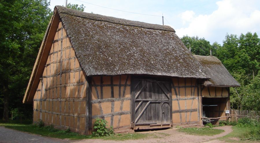 Half-timbered, thatched-roof, traditional-style house at the Open Air Museum at Kommern of Traditional Architecture in Germany