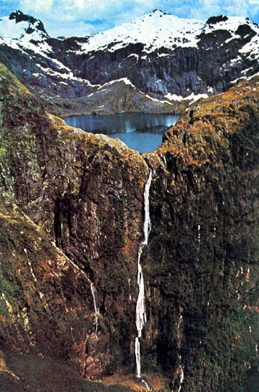 Sutherland Falls in Fjiordland of the South Island of New Zealand