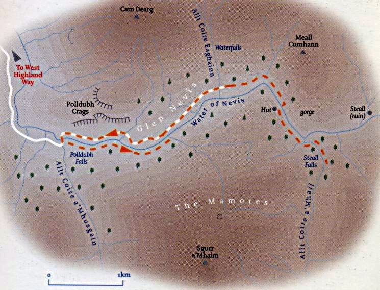 Route Map for Steall Falls from Glen Nevis