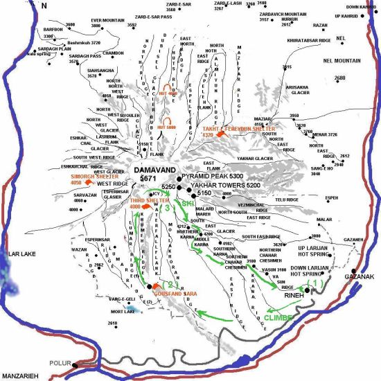 Map of Mount Damavand - highest mountain in Iran